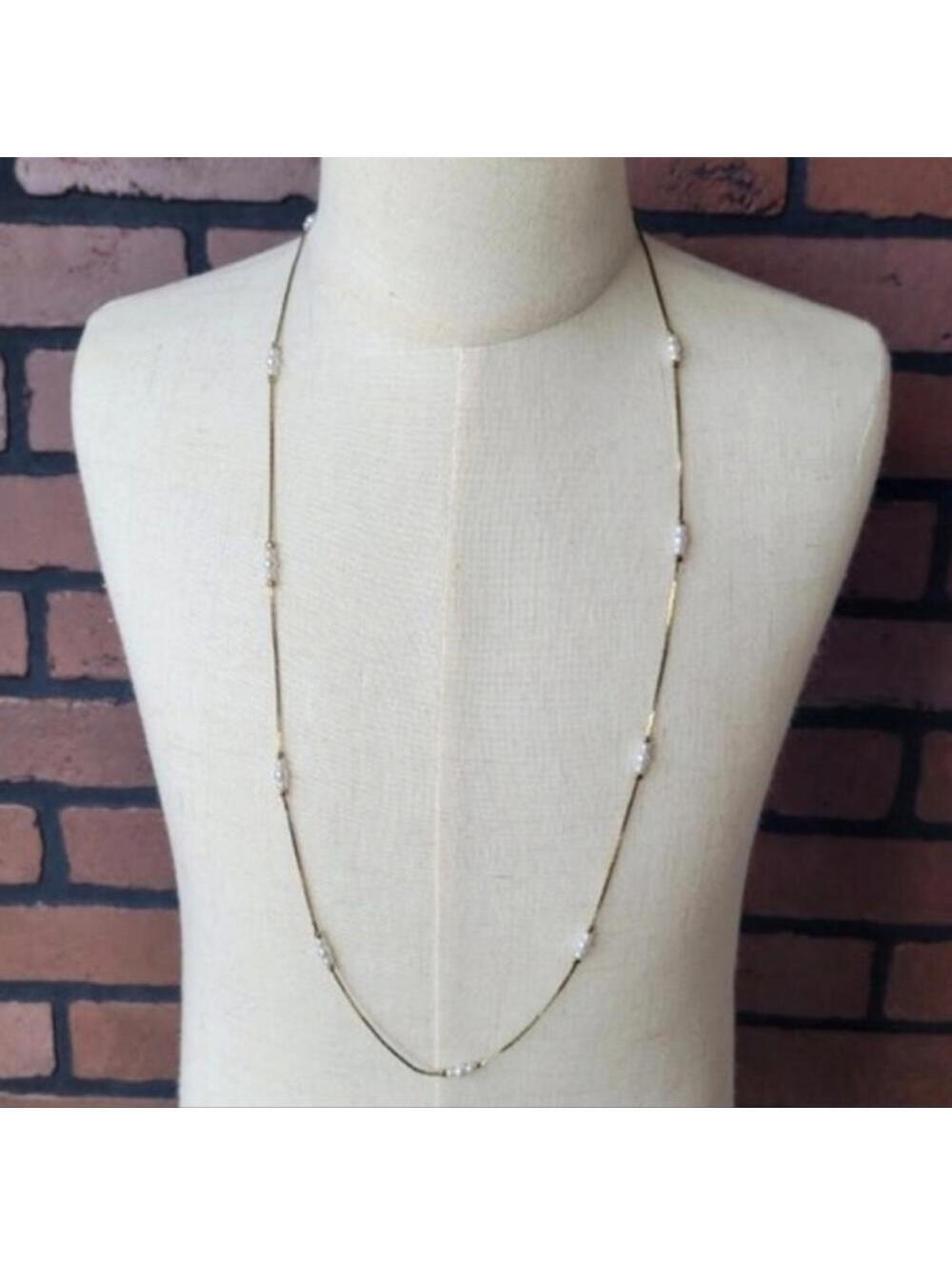 Korea Gold Tone White Beaded Long Single Strand Necklace